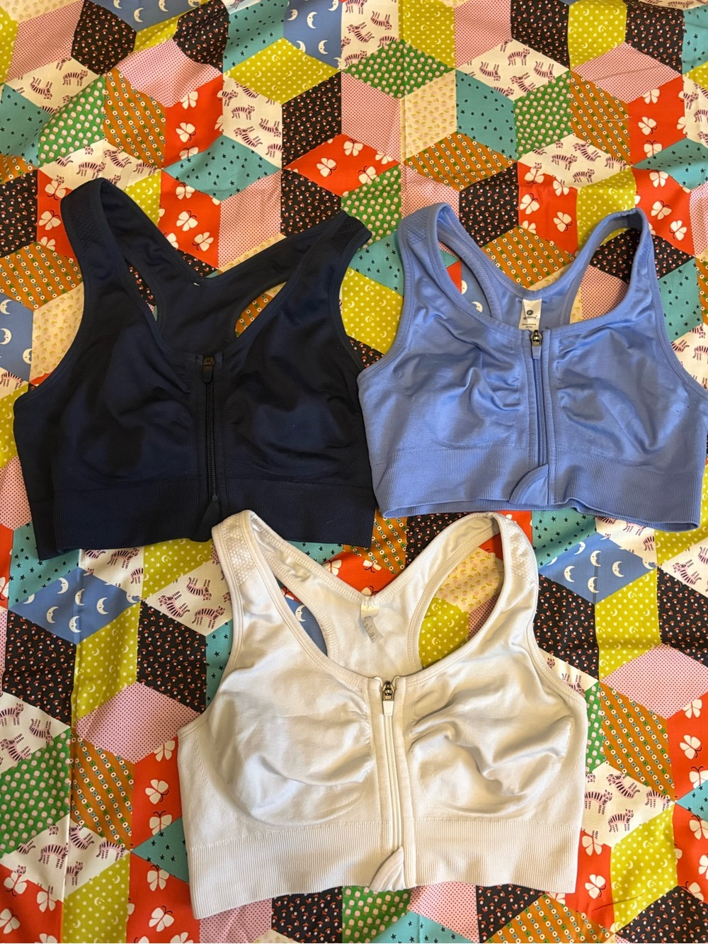 90 Degree Front-Zip Sports Bras - White, Light Blue, Navy